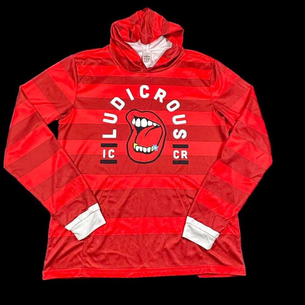 Men's XL Light Wt Red Striped Ludicrous Hooded Long‎ Sleeved Shirt Smiling Dog